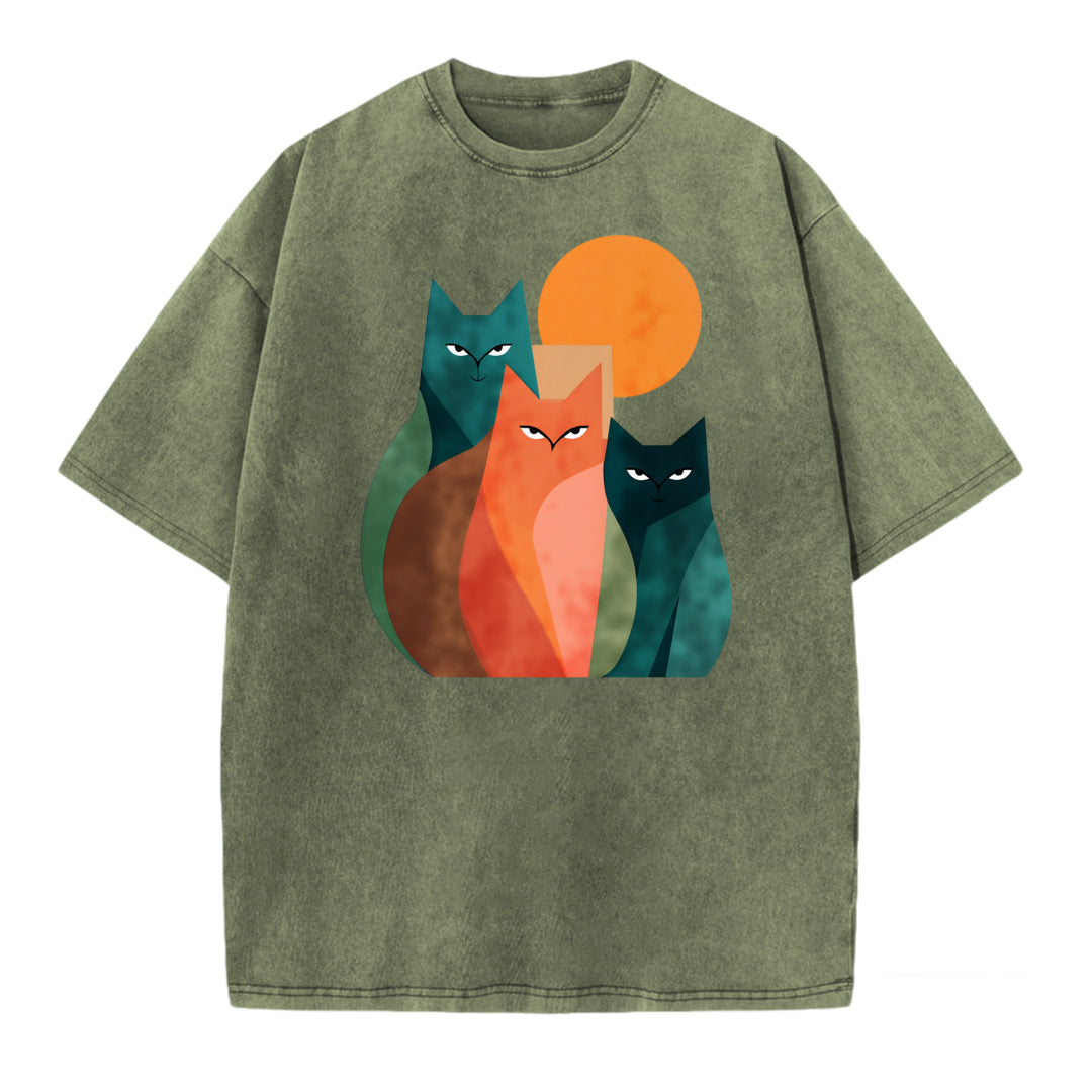 Vintage Abstract Cat Art Print Washed T-Shirt